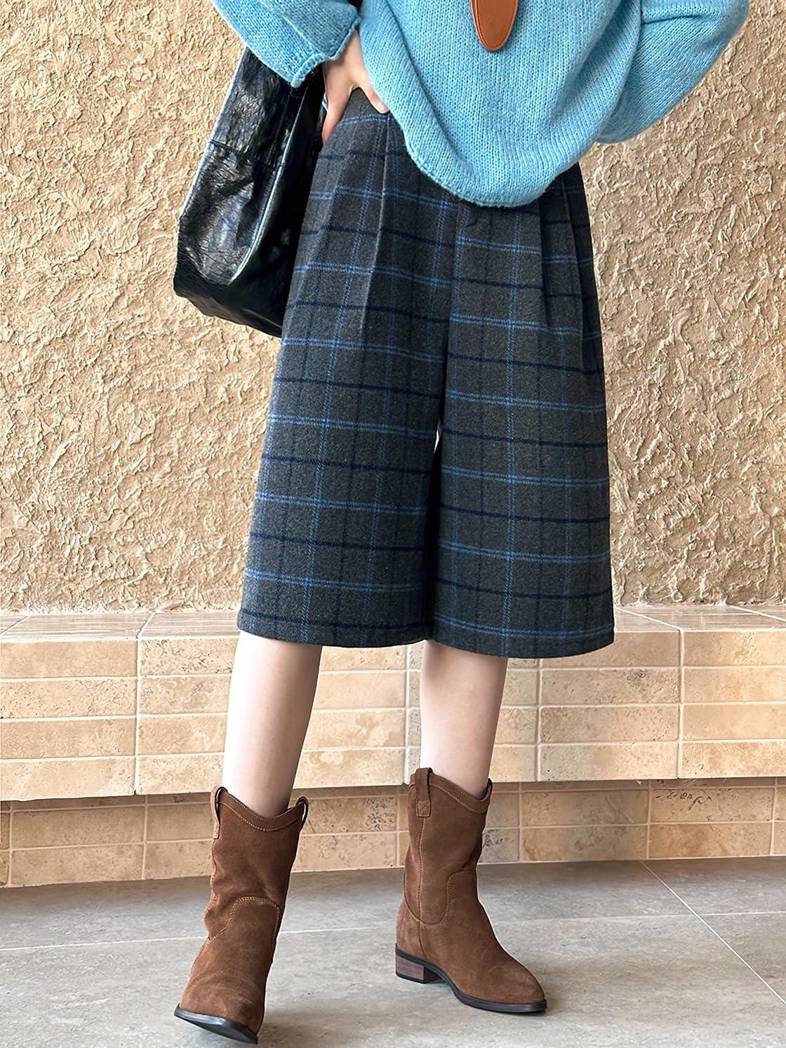 imagechouyatou Womens Fall Winter Wool Culottes Capri Cropped Pants Plaid High Waisted Loose Wide Leg PalazzoGrey