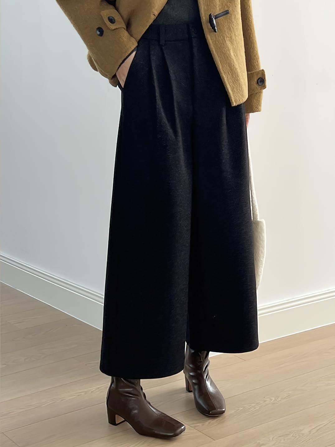 imagechouyatou Womens Fall Winter Wool Culottes Cropped Pants Elastic High Waisted Loose Wide Leg PalazzoBlack