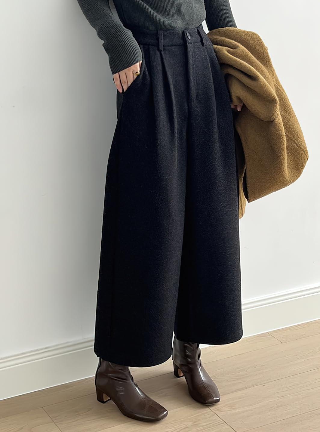 imagechouyatou Womens Fall Winter Wool Culottes Cropped Pants Elastic High Waisted Loose Wide Leg PalazzoBlack
