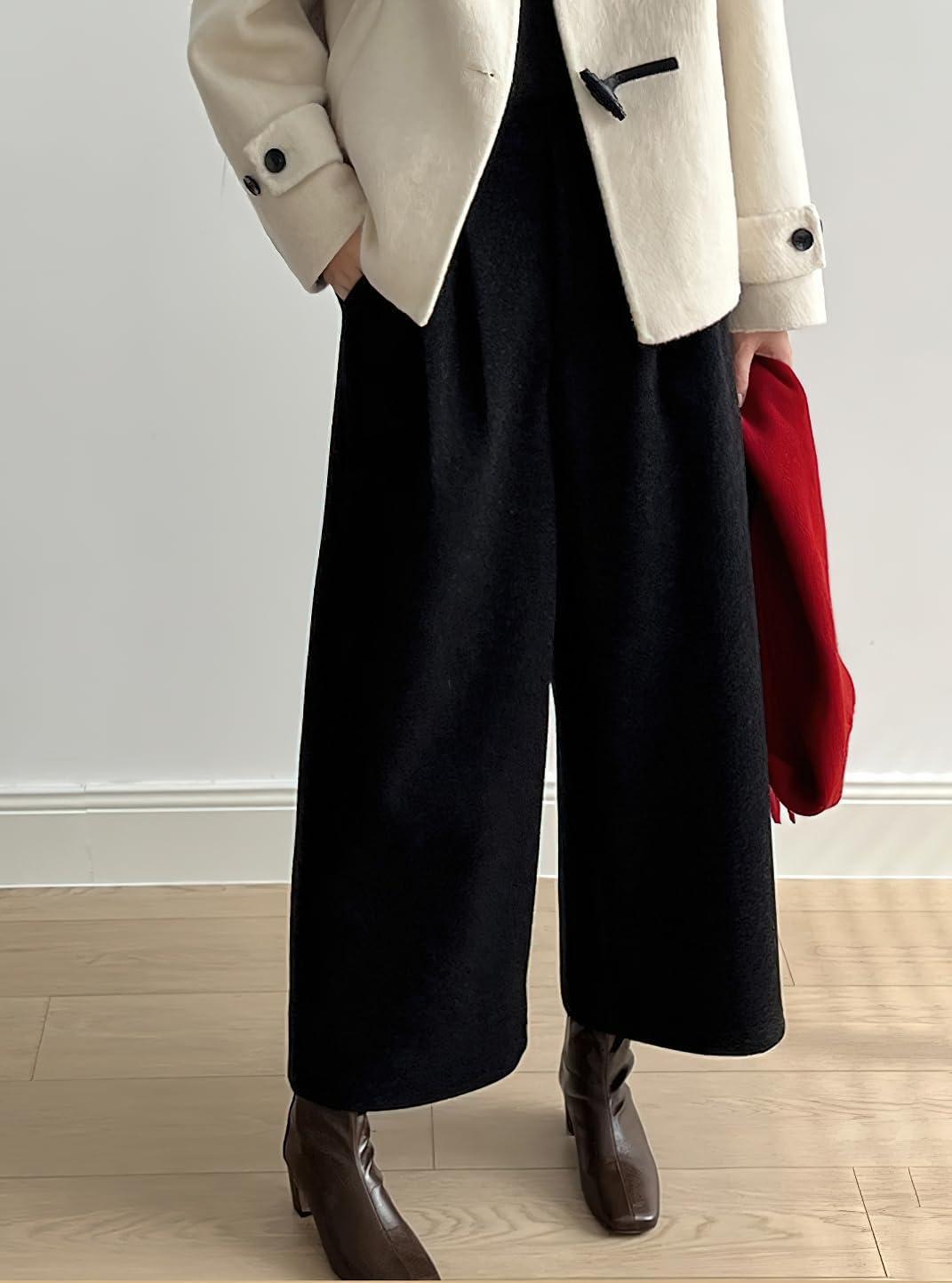 imagechouyatou Womens Fall Winter Wool Culottes Cropped Pants Elastic High Waisted Loose Wide Leg PalazzoBlack