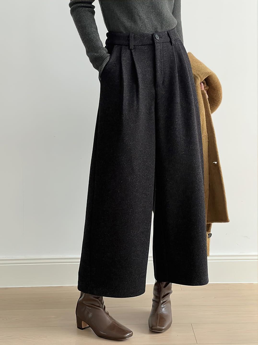 imagechouyatou Womens Fall Winter Wool Culottes Cropped Pants Elastic High Waisted Loose Wide Leg PalazzoBlack