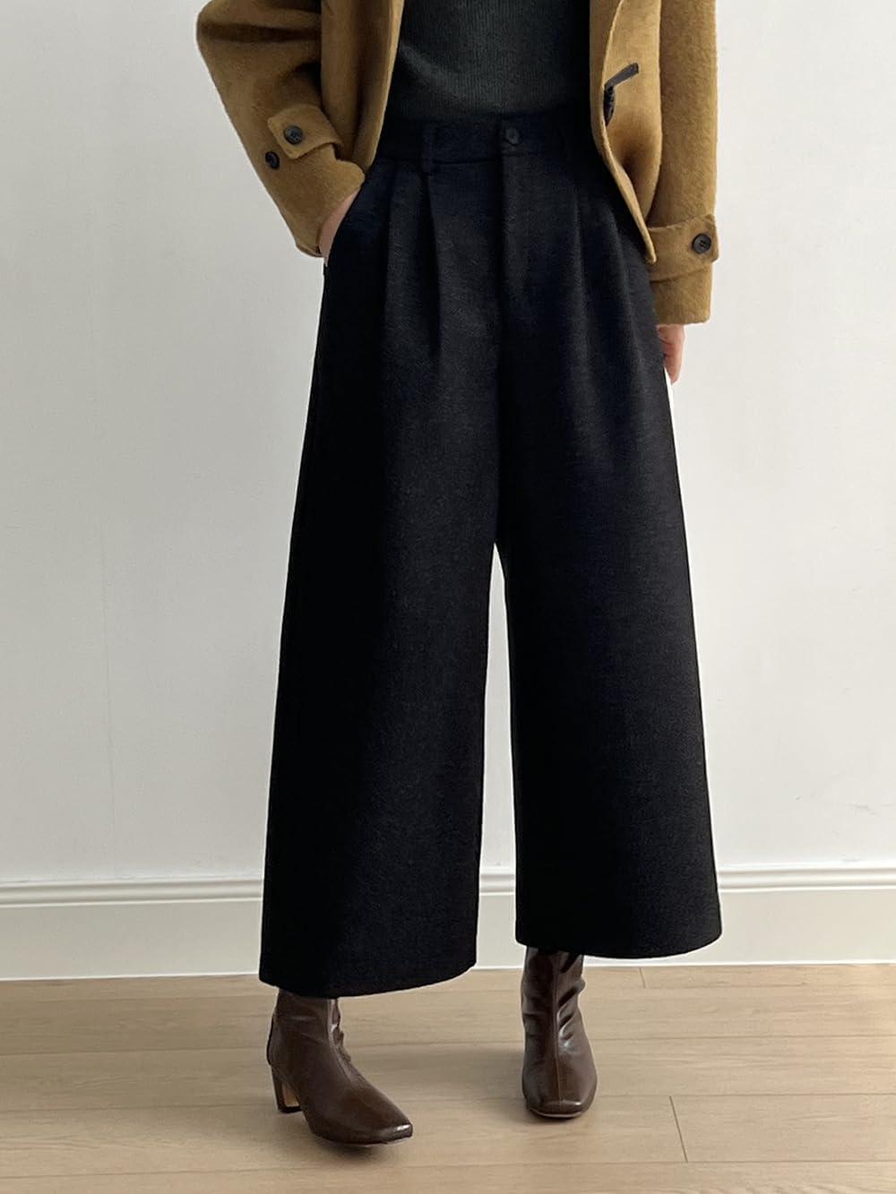 imagechouyatou Womens Fall Winter Wool Culottes Cropped Pants Elastic High Waisted Loose Wide Leg PalazzoBlack