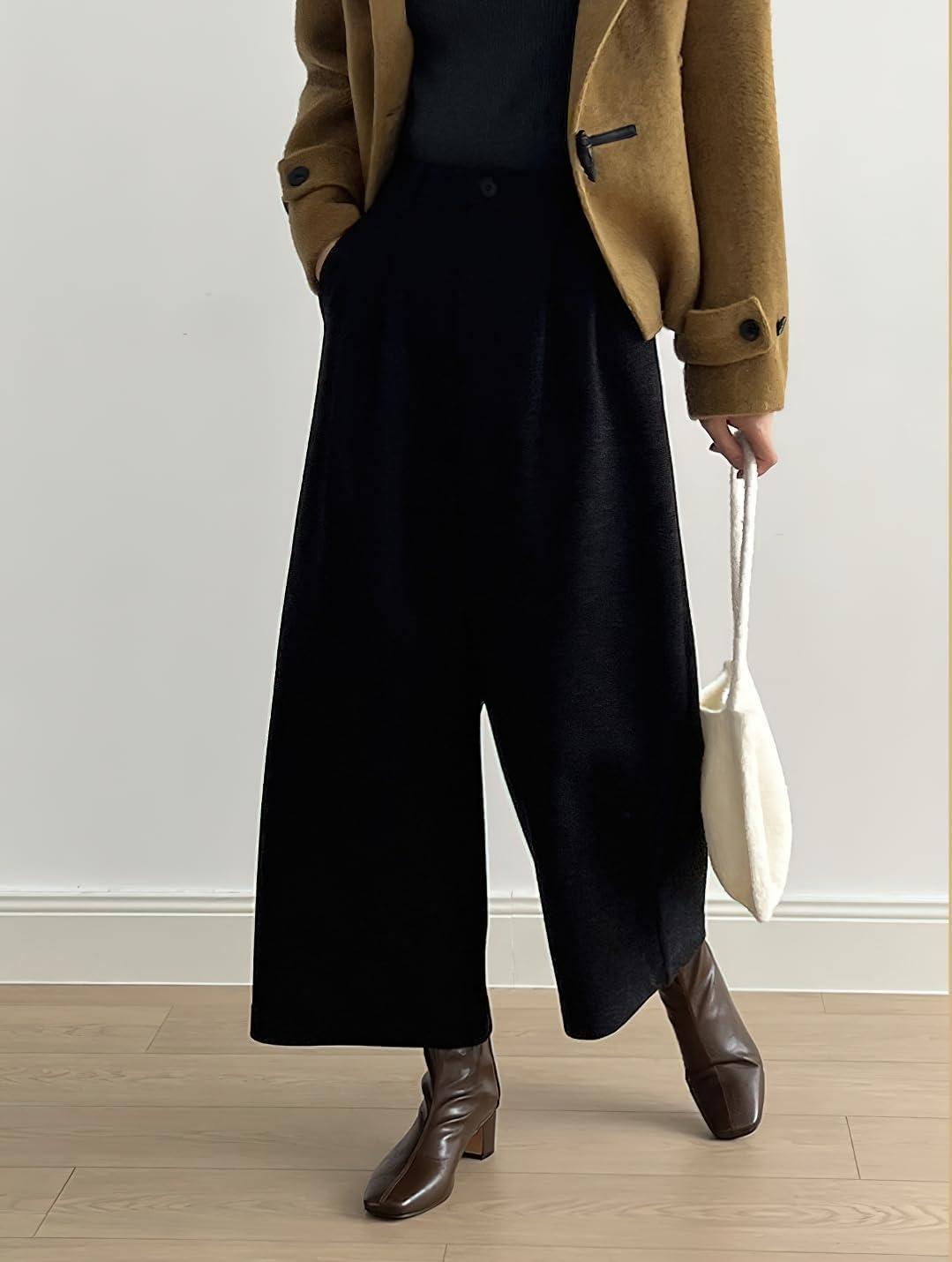 imagechouyatou Womens Fall Winter Wool Culottes Cropped Pants Elastic High Waisted Loose Wide Leg PalazzoBlack
