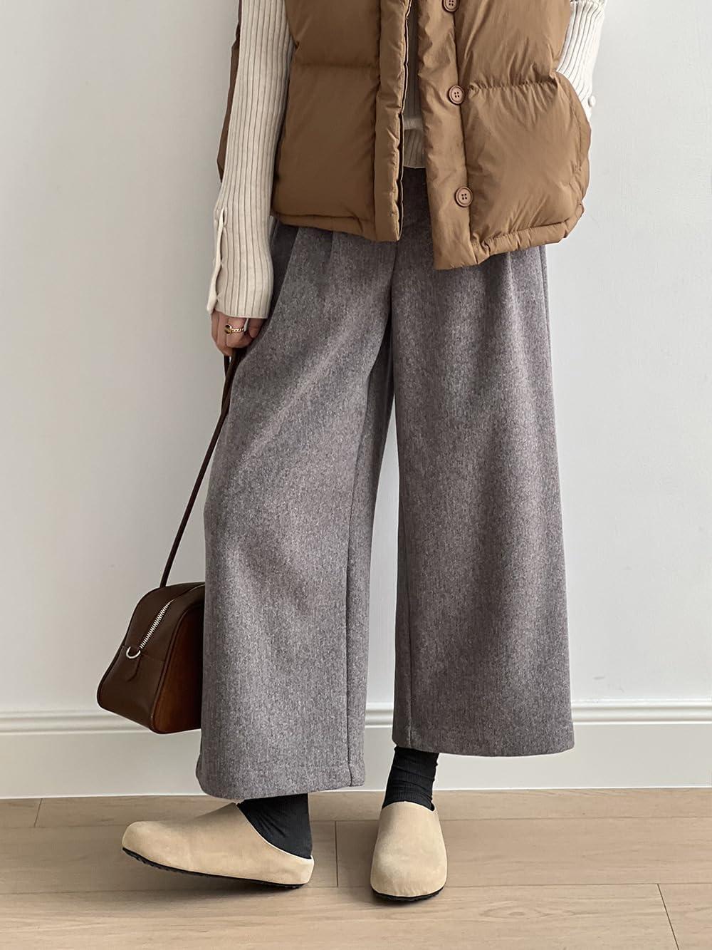 imagechouyatou Womens Fall Winter Wool Culottes Cropped Pants Elastic High Waisted Loose Wide Leg PalazzoGrey
