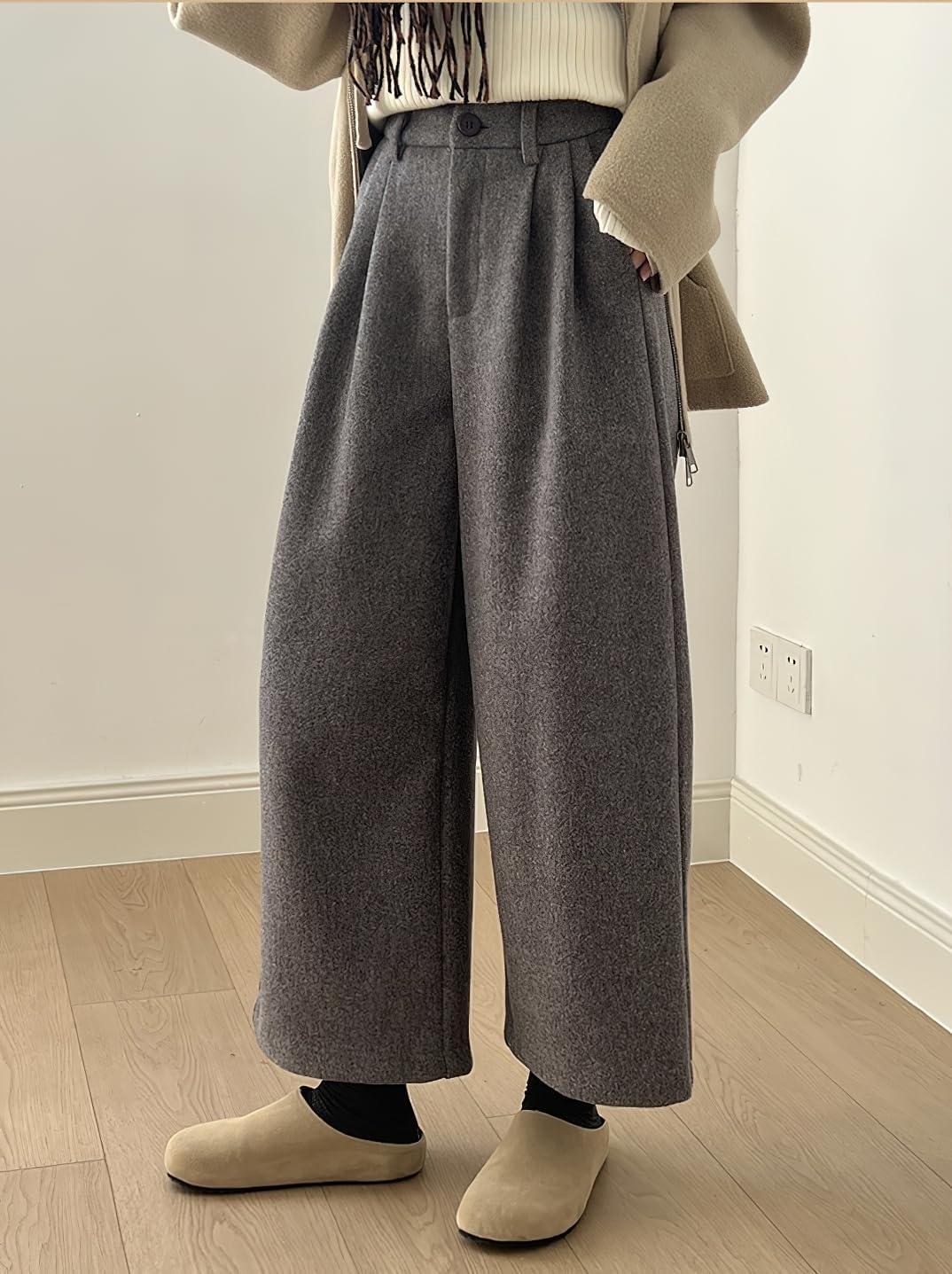 imagechouyatou Womens Fall Winter Wool Culottes Cropped Pants Elastic High Waisted Loose Wide Leg PalazzoGrey