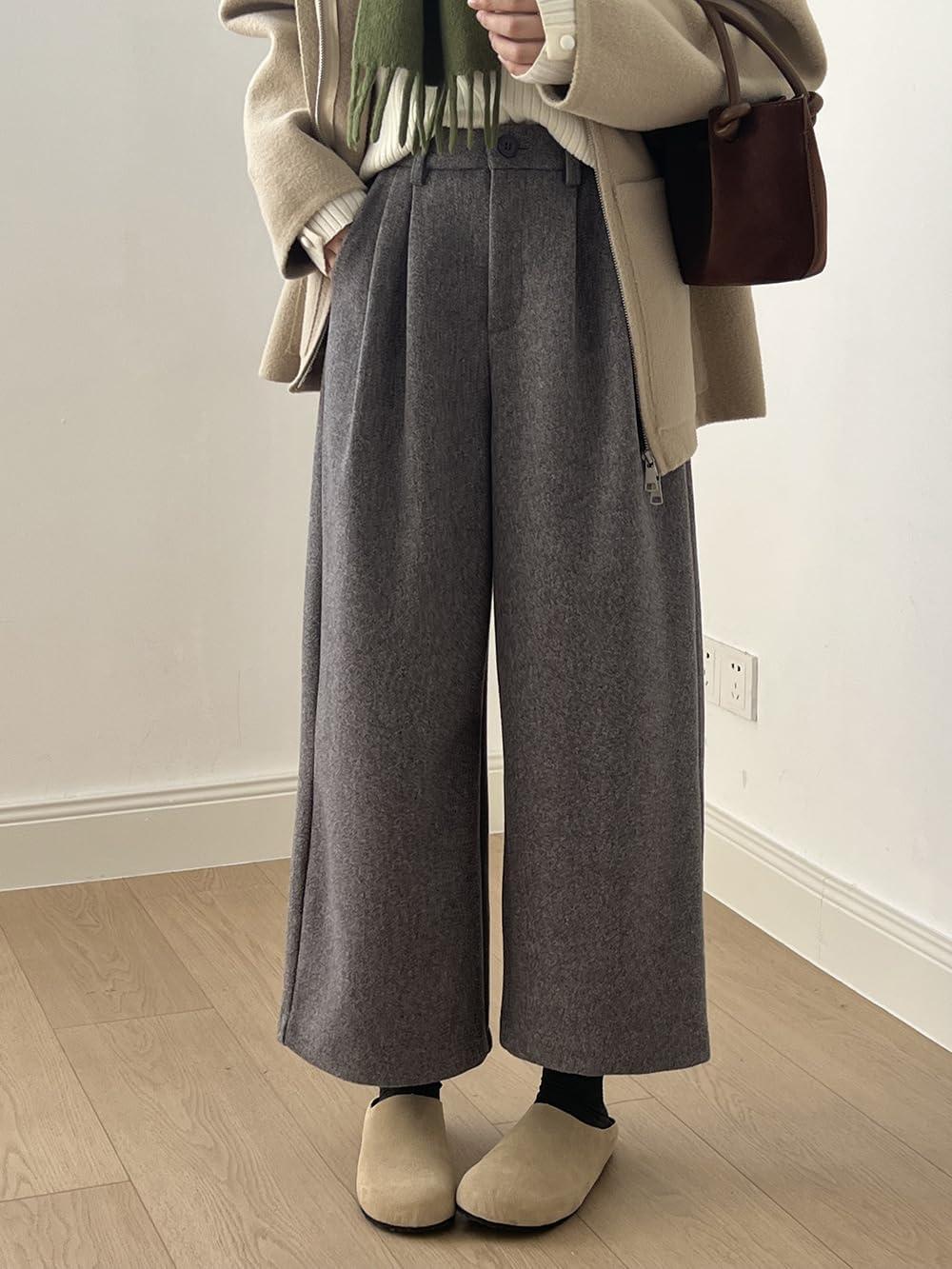 imagechouyatou Womens Fall Winter Wool Culottes Cropped Pants Elastic High Waisted Loose Wide Leg PalazzoGrey