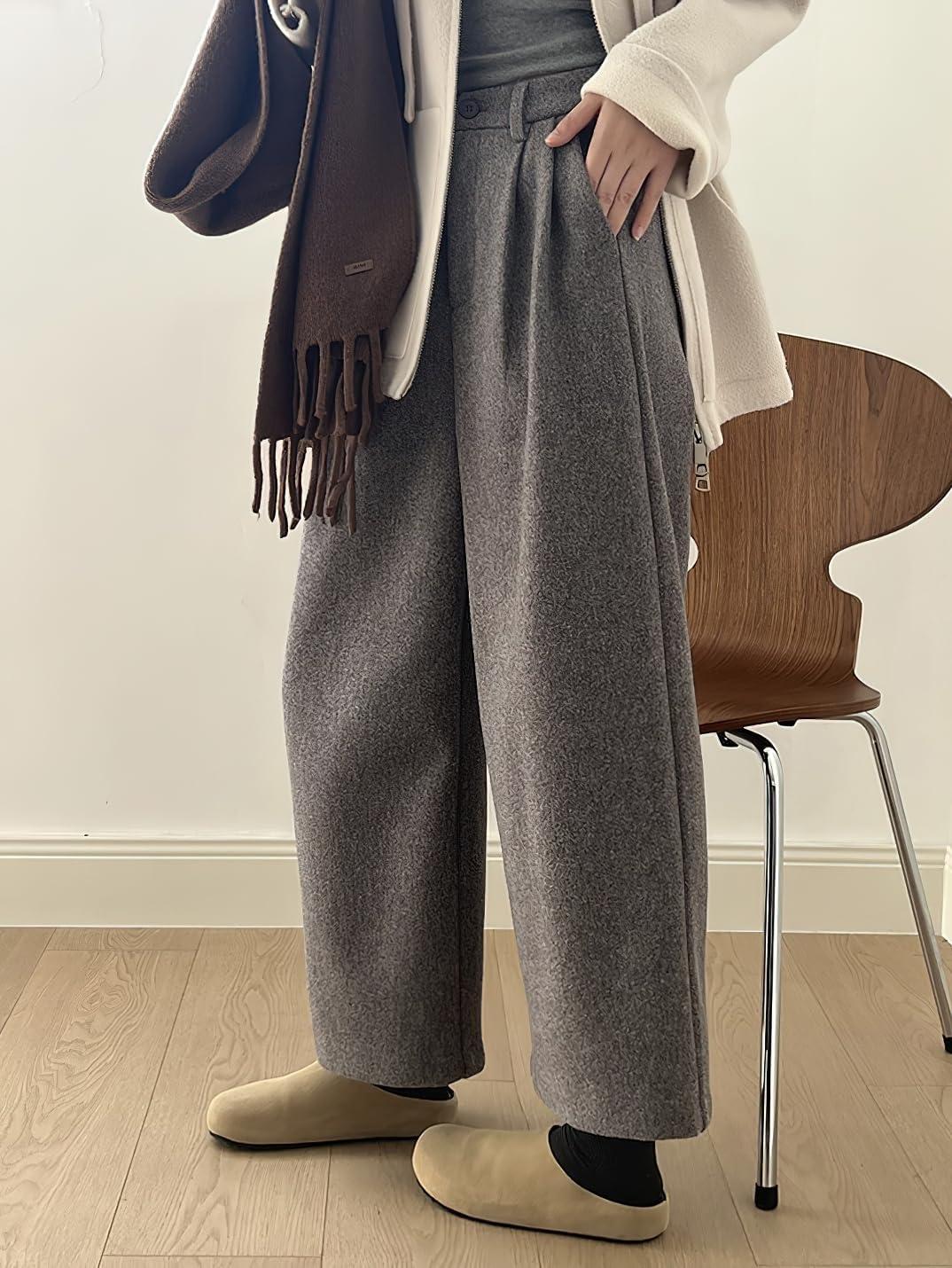 imagechouyatou Womens Fall Winter Wool Culottes Cropped Pants Elastic High Waisted Loose Wide Leg PalazzoGrey