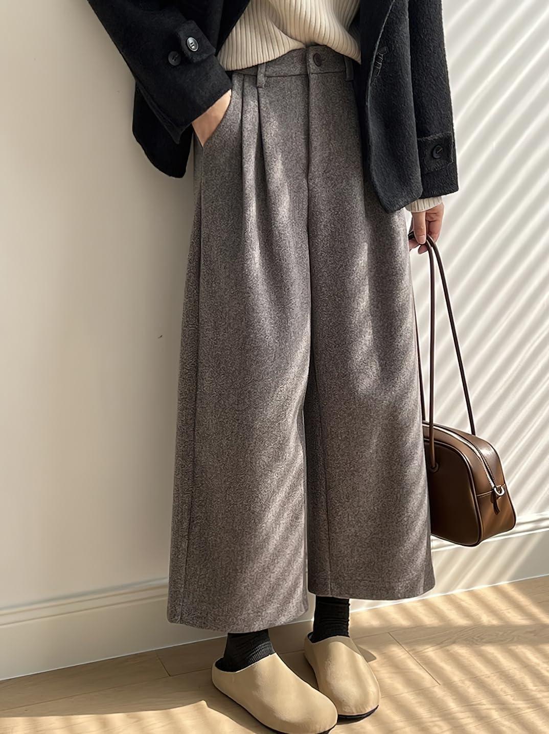 imagechouyatou Womens Fall Winter Wool Culottes Cropped Pants Elastic High Waisted Loose Wide Leg PalazzoGrey