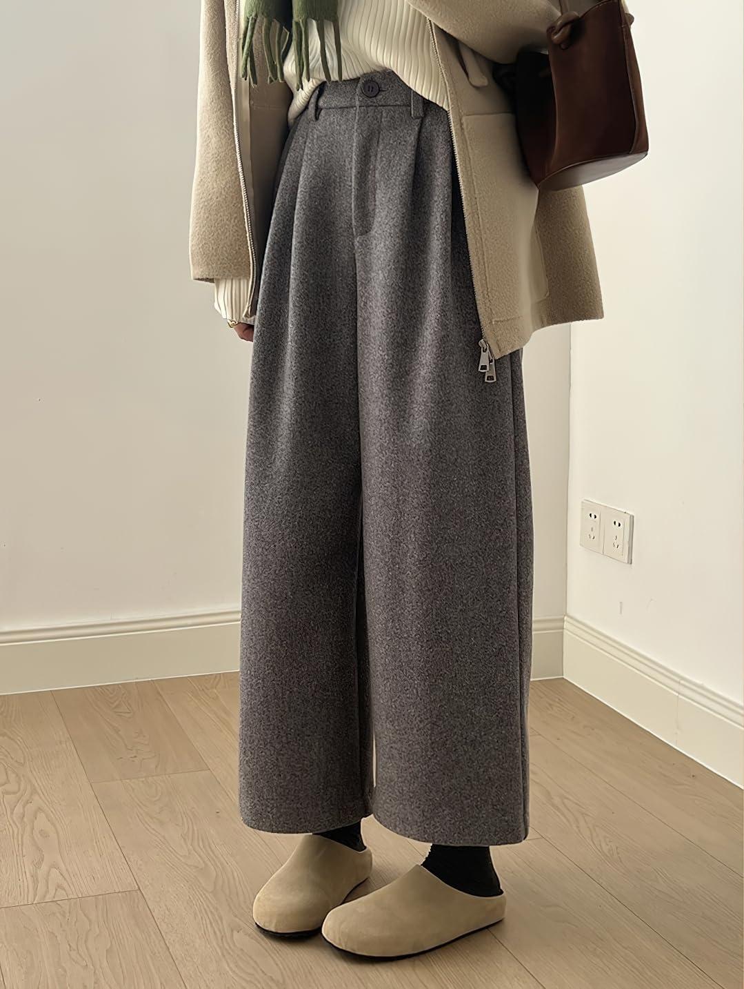 imagechouyatou Womens Fall Winter Wool Culottes Cropped Pants Elastic High Waisted Loose Wide Leg PalazzoGrey