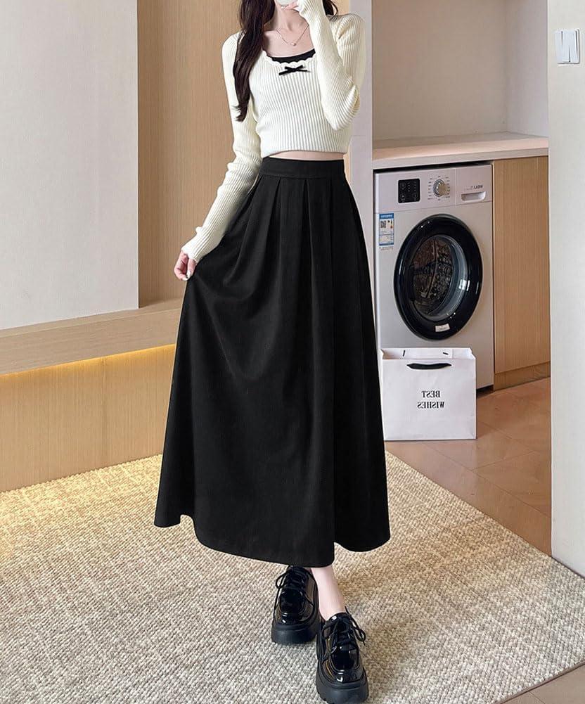 imagechouyatou Womens Fall Winter Wool Pleated A Line Skirt Casual High Waisted Swing Wool Blend Midi Long SkirtBlack