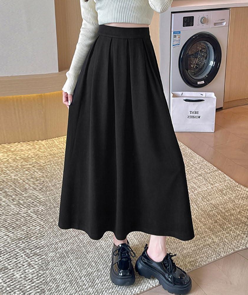 imagechouyatou Womens Fall Winter Wool Pleated A Line Skirt Casual High Waisted Swing Wool Blend Midi Long SkirtBlack