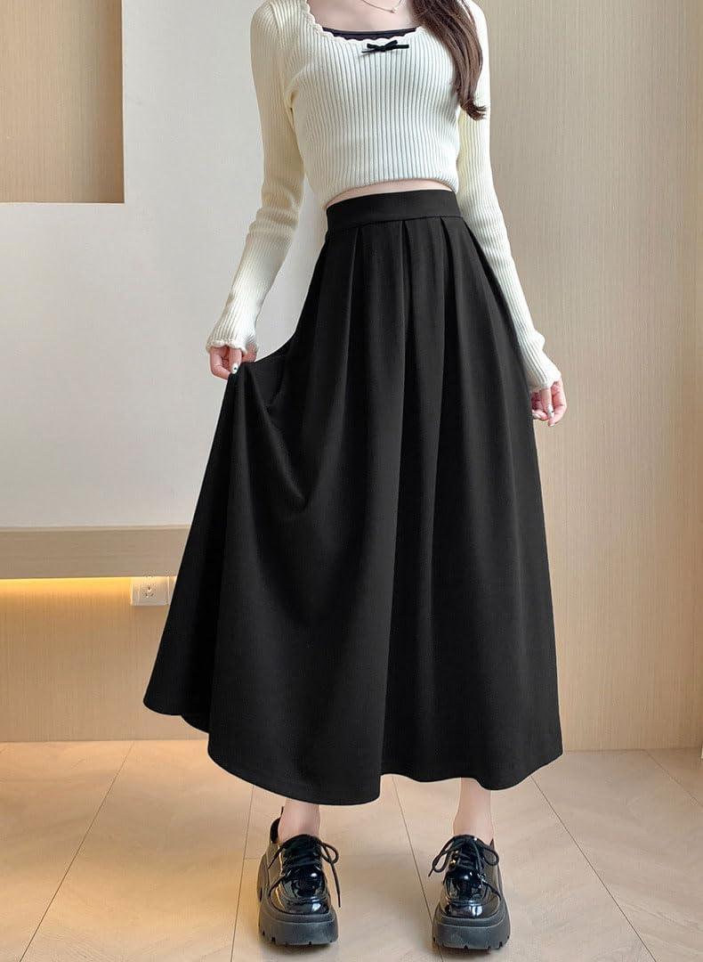 imagechouyatou Womens Fall Winter Wool Pleated A Line Skirt Casual High Waisted Swing Wool Blend Midi Long SkirtBlack