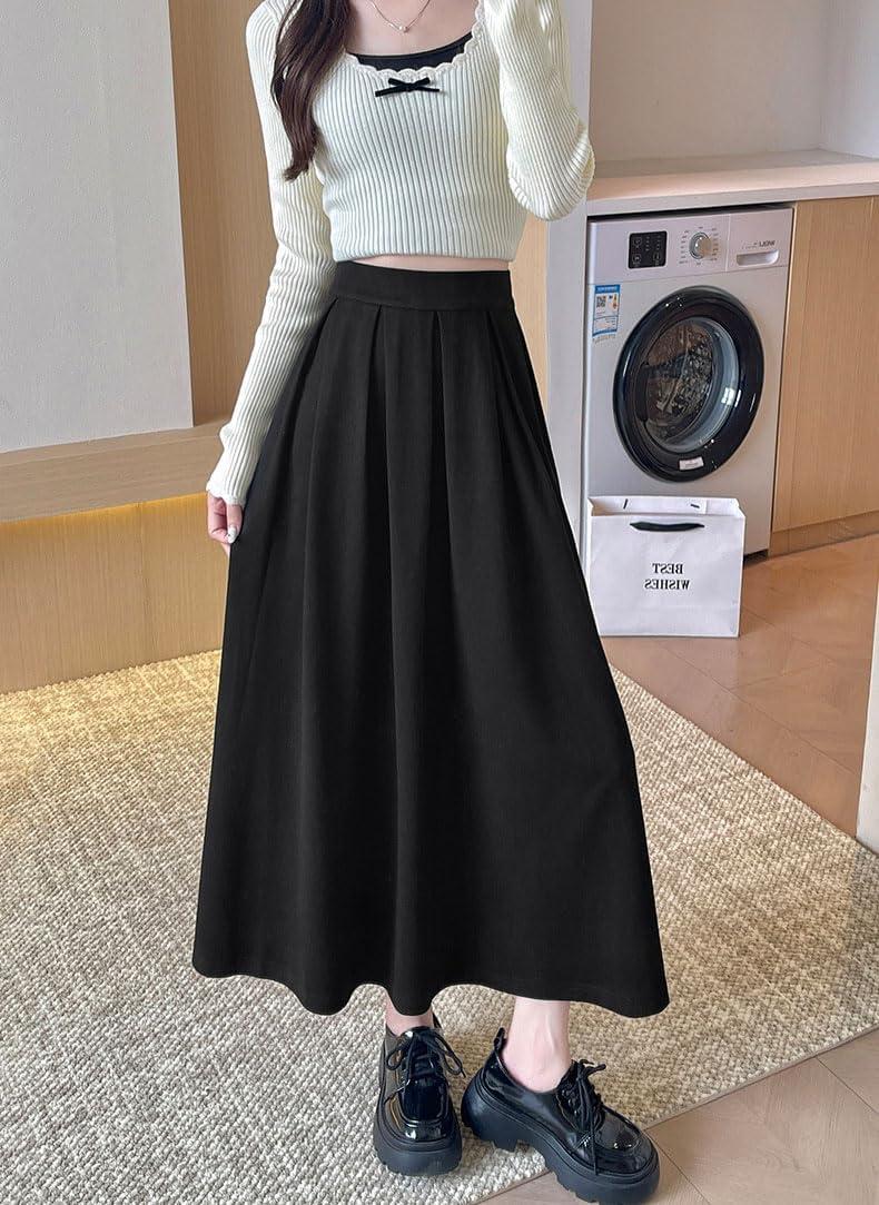 imagechouyatou Womens Fall Winter Wool Pleated A Line Skirt Casual High Waisted Swing Wool Blend Midi Long SkirtBlack