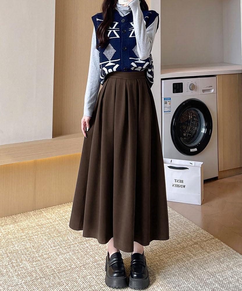 imagechouyatou Womens Fall Winter Wool Pleated A Line Skirt Casual High Waisted Swing Wool Blend Midi Long SkirtCoffee Brown