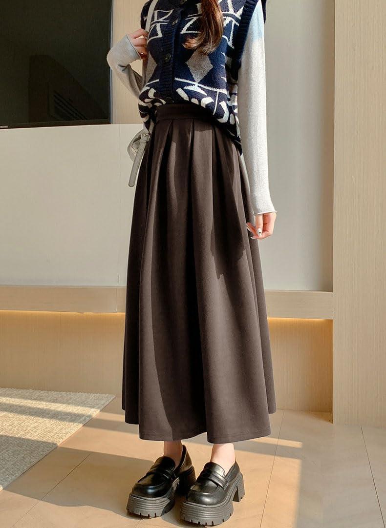 imagechouyatou Womens Fall Winter Wool Pleated A Line Skirt Casual High Waisted Swing Wool Blend Midi Long SkirtCoffee Brown