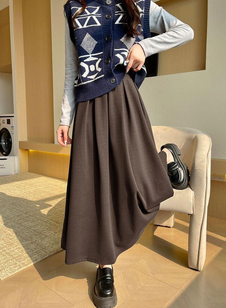 imagechouyatou Womens Fall Winter Wool Pleated A Line Skirt Casual High Waisted Swing Wool Blend Midi Long SkirtCoffee Brown