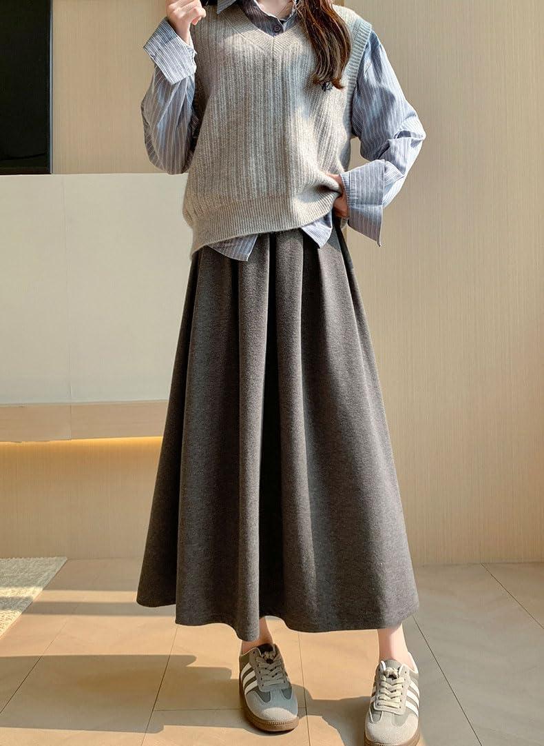 imagechouyatou Womens Fall Winter Wool Pleated A Line Skirt Casual High Waisted Swing Wool Blend Midi Long SkirtGray