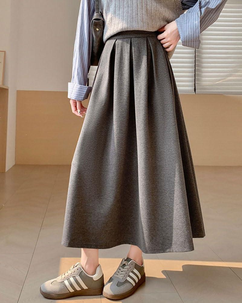 imagechouyatou Womens Fall Winter Wool Pleated A Line Skirt Casual High Waisted Swing Wool Blend Midi Long SkirtGray