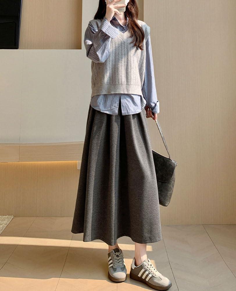 imagechouyatou Womens Fall Winter Wool Pleated A Line Skirt Casual High Waisted Swing Wool Blend Midi Long SkirtGray