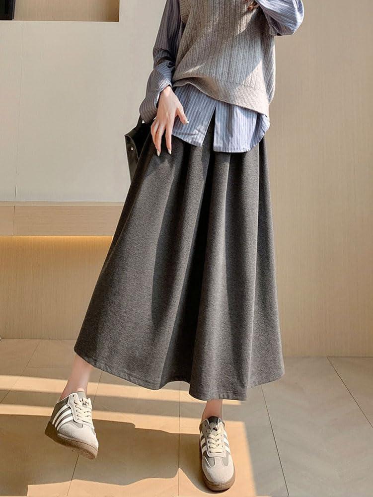 imagechouyatou Womens Fall Winter Wool Pleated A Line Skirt Casual High Waisted Swing Wool Blend Midi Long SkirtGray
