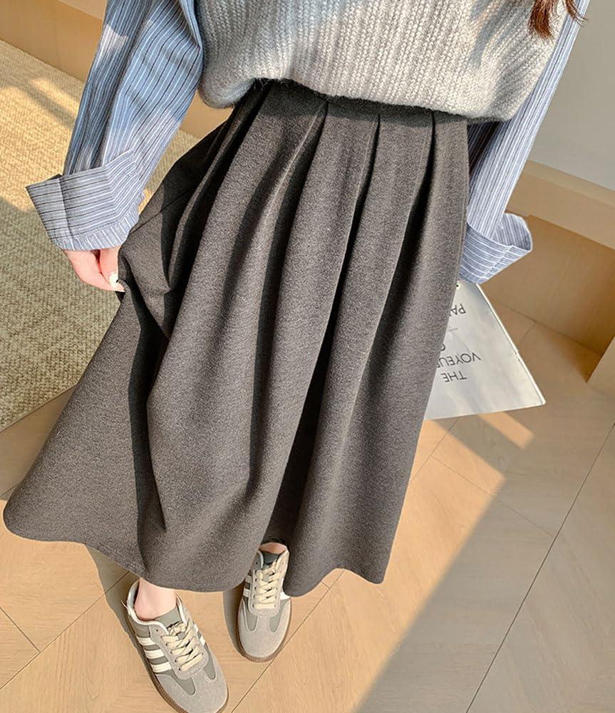 imagechouyatou Womens Fall Winter Wool Pleated A Line Skirt Casual High Waisted Swing Wool Blend Midi Long SkirtGray