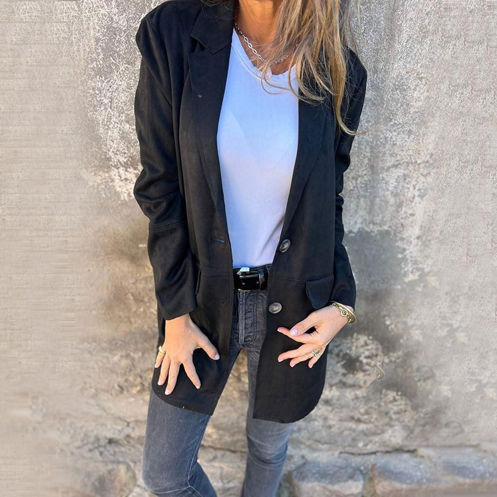 imagechouyatou Womens Faux Suede Leather Mid Long Coat Notched Lapel Business Casual Blazer Jacket Coat OvercoatBlack