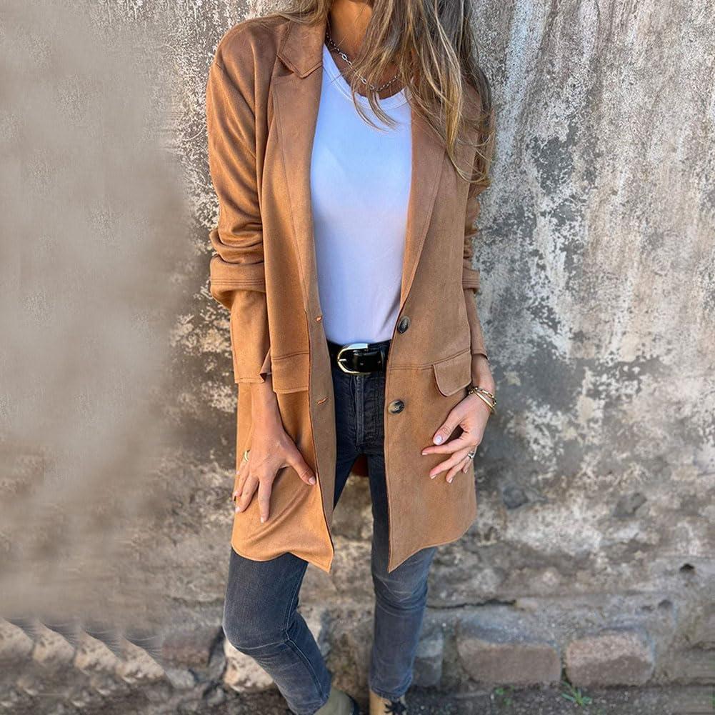 imagechouyatou Womens Faux Suede Leather Mid Long Coat Notched Lapel Business Casual Blazer Jacket Coat OvercoatBrown