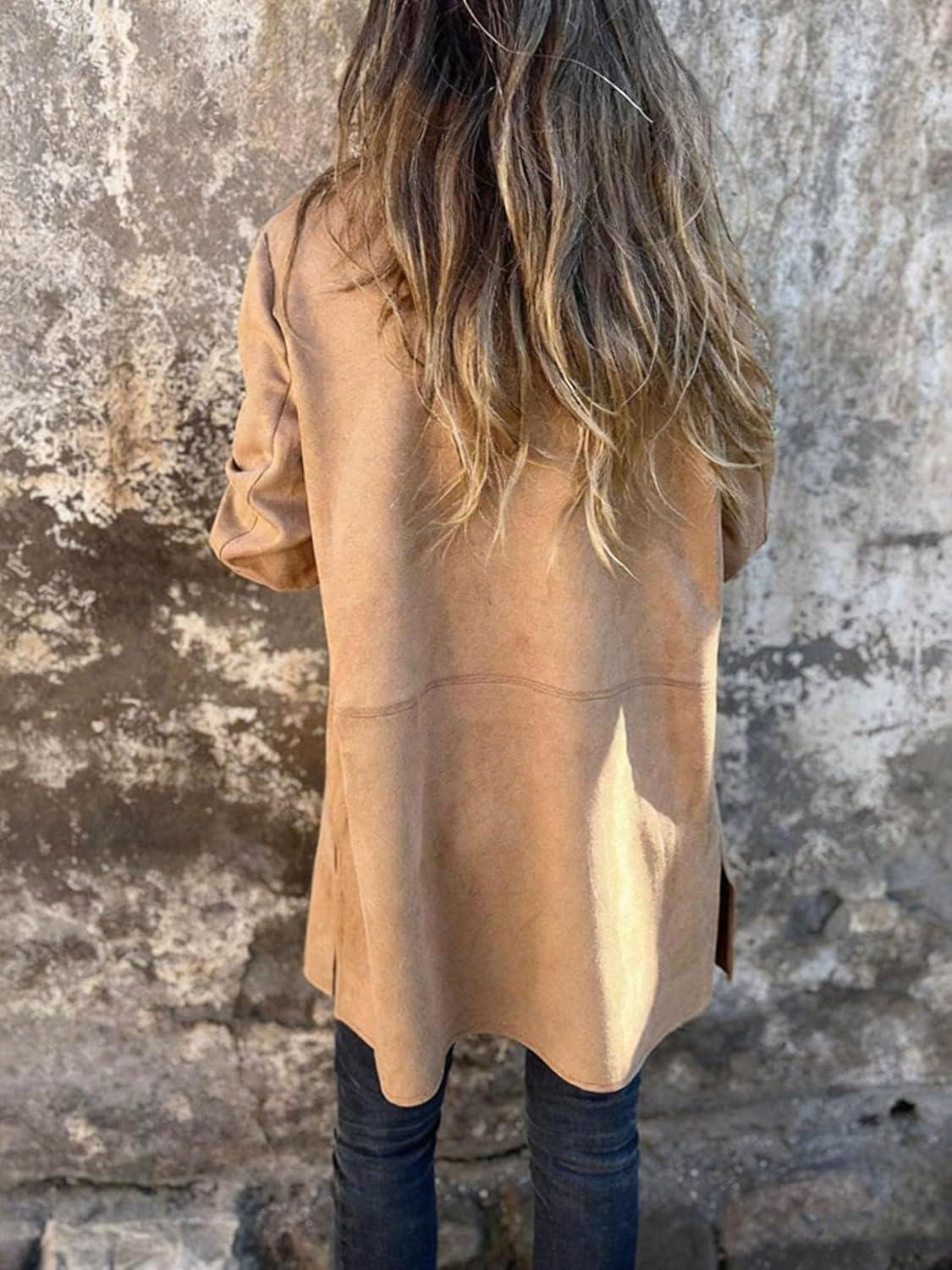 imagechouyatou Womens Faux Suede Leather Mid Long Coat Notched Lapel Business Casual Blazer Jacket Coat OvercoatKhaki