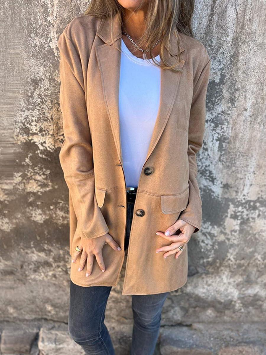 imagechouyatou Womens Faux Suede Leather Mid Long Coat Notched Lapel Business Casual Blazer Jacket Coat OvercoatKhaki