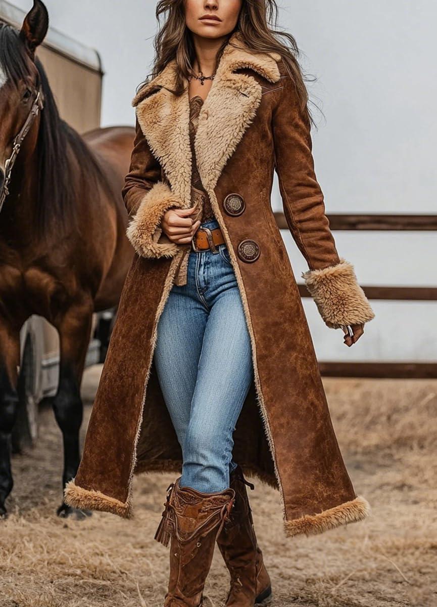 imagechouyatou Womens Faux Suede Sherpa Lined Midi Long Jacket Fleece Notch Lapel Winter Trench CoatBrown