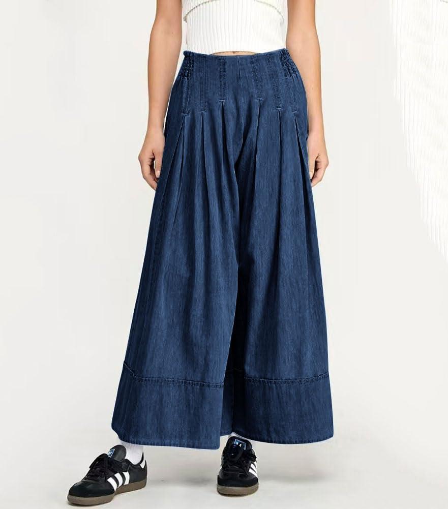imagechouyatou Womens Flare Wide Leg Denim Pants Smocked Elastic Waist Pleated Culotte Jeans Boyfriend Baggy JeansDark Blue