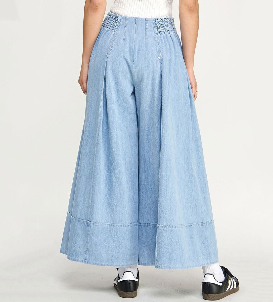imagechouyatou Womens Flare Wide Leg Denim Pants Smocked Elastic Waist Pleated Culotte Jeans Boyfriend Baggy JeansLight Blue