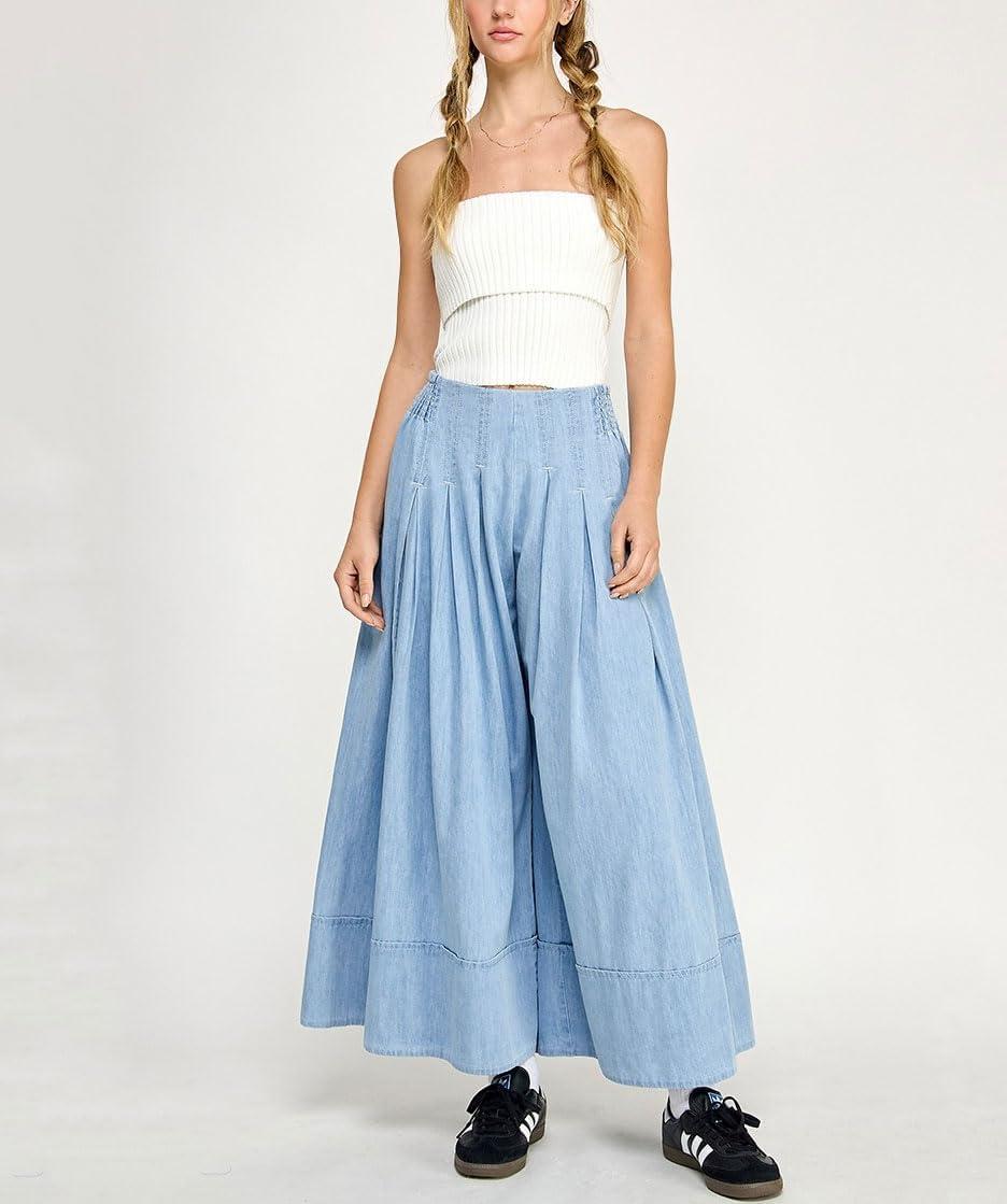 imagechouyatou Womens Flare Wide Leg Denim Pants Smocked Elastic Waist Pleated Culotte Jeans Boyfriend Baggy JeansLight Blue