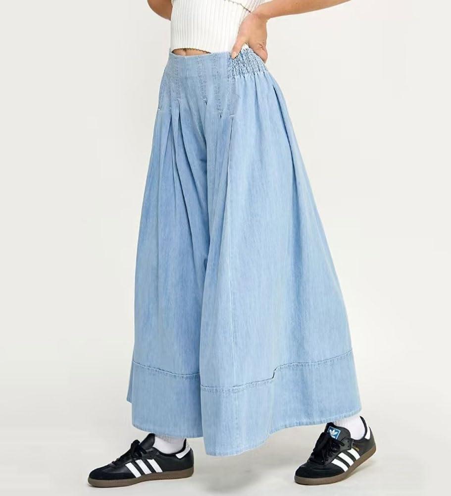 imagechouyatou Womens Flare Wide Leg Denim Pants Smocked Elastic Waist Pleated Culotte Jeans Boyfriend Baggy JeansLight Blue
