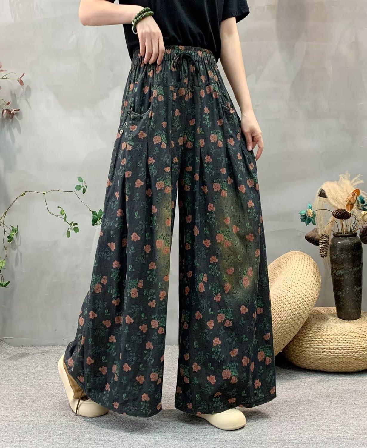 imagechouyatou Womens Floral Wide Leg Denim Pants Adjustable Drawstring Baggy Elastic Waist Culotte JeansBlack