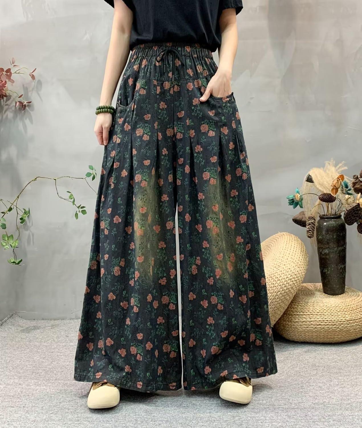 imagechouyatou Womens Floral Wide Leg Denim Pants Adjustable Drawstring Baggy Elastic Waist Culotte JeansBlack