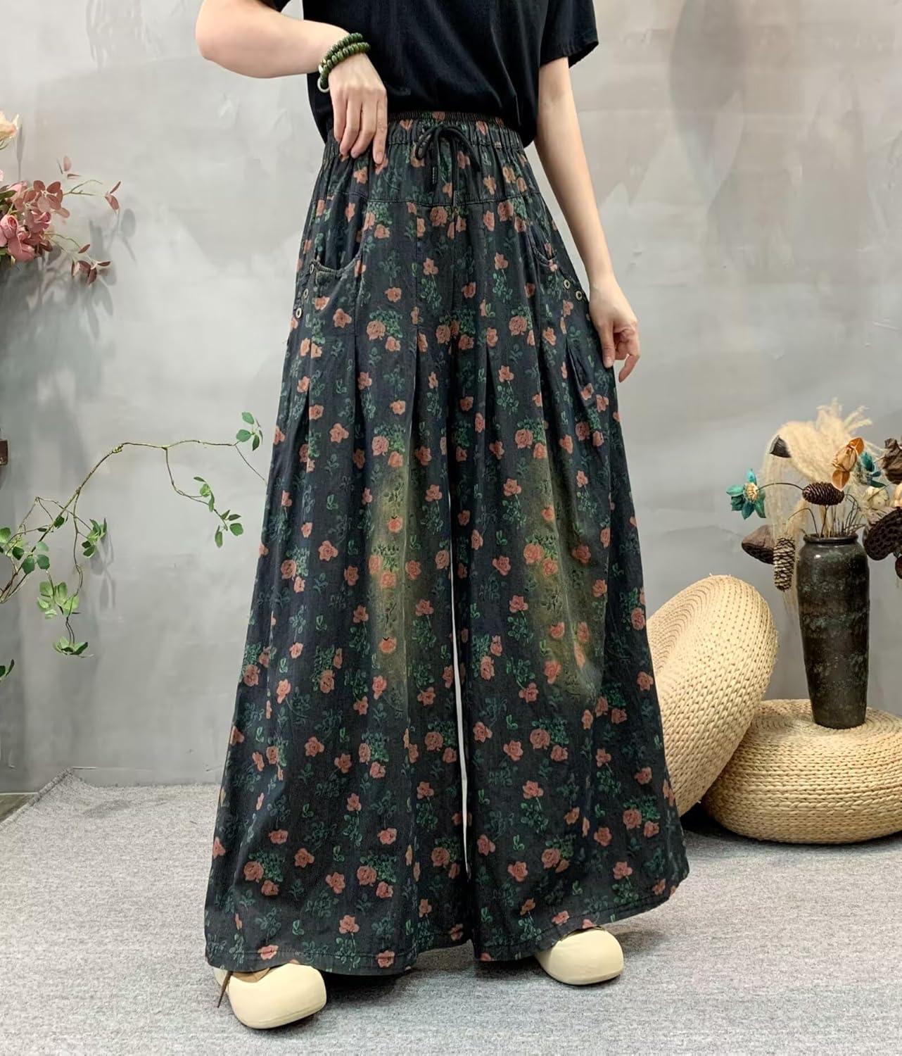 imagechouyatou Womens Floral Wide Leg Denim Pants Adjustable Drawstring Baggy Elastic Waist Culotte JeansBlack