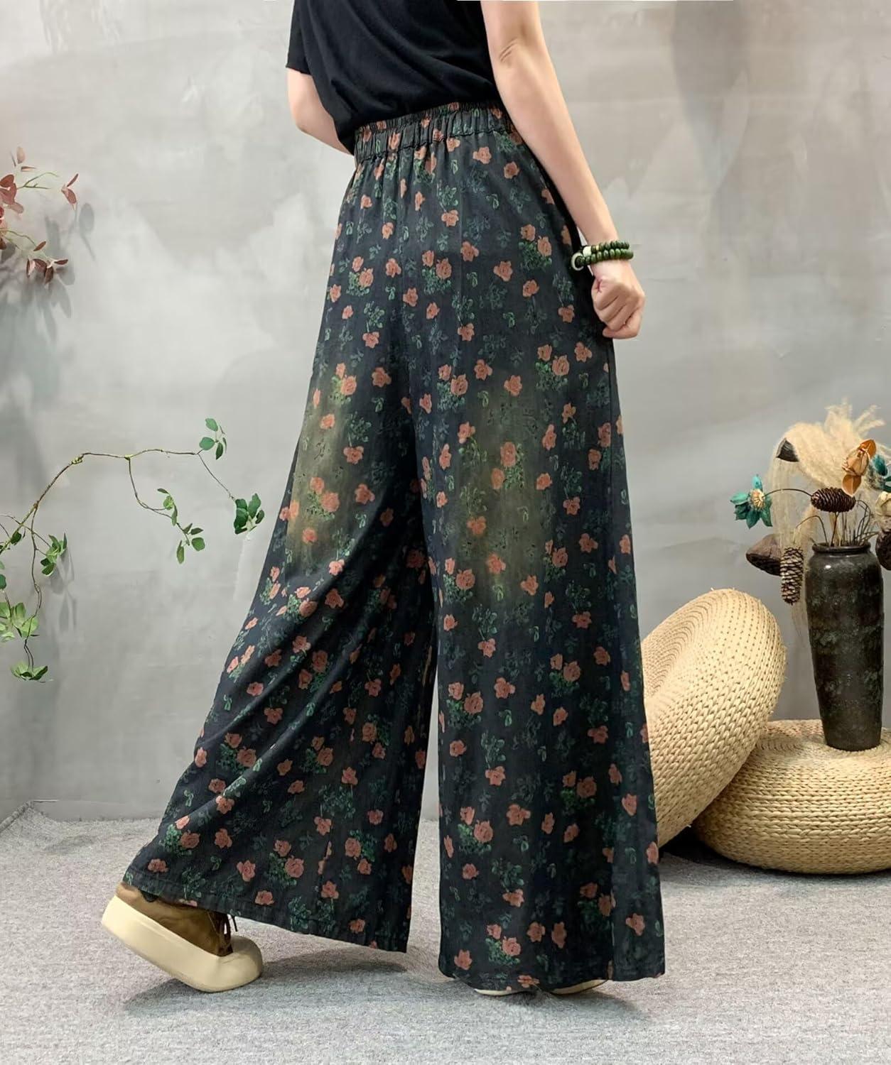 imagechouyatou Womens Floral Wide Leg Denim Pants Adjustable Drawstring Baggy Elastic Waist Culotte JeansBlack
