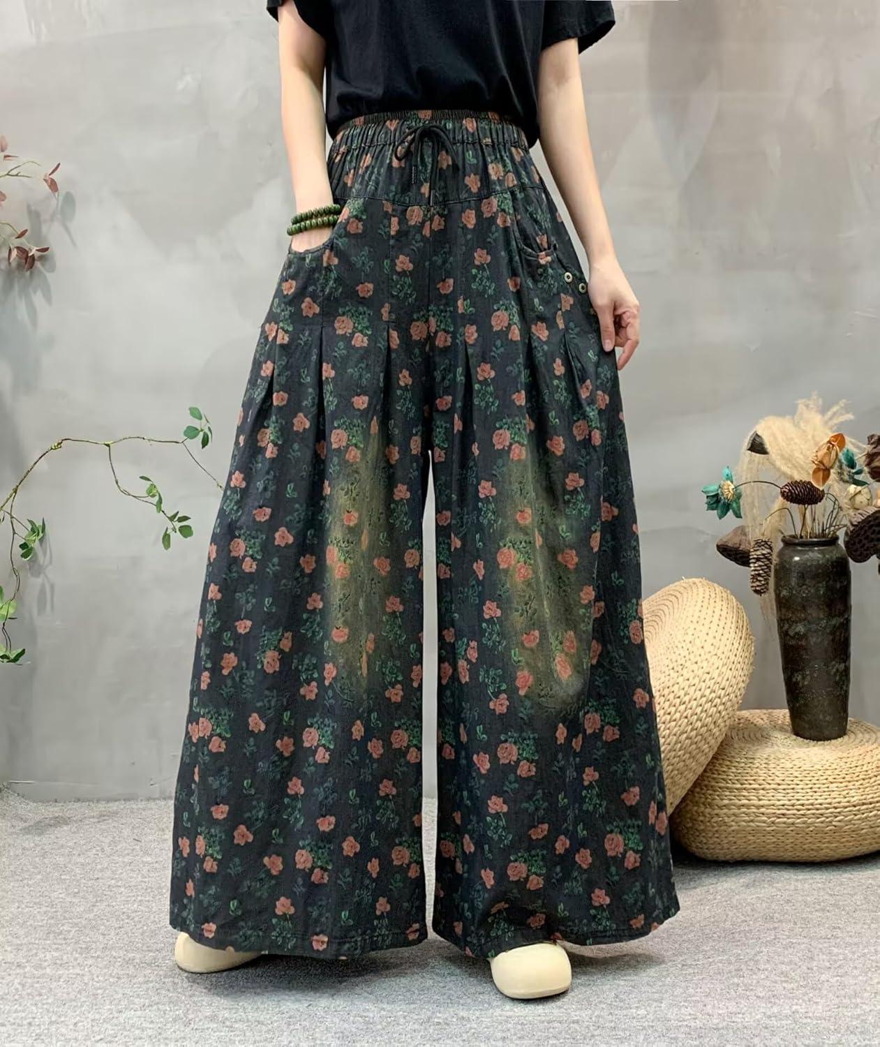 imagechouyatou Womens Floral Wide Leg Denim Pants Adjustable Drawstring Baggy Elastic Waist Culotte JeansBlack