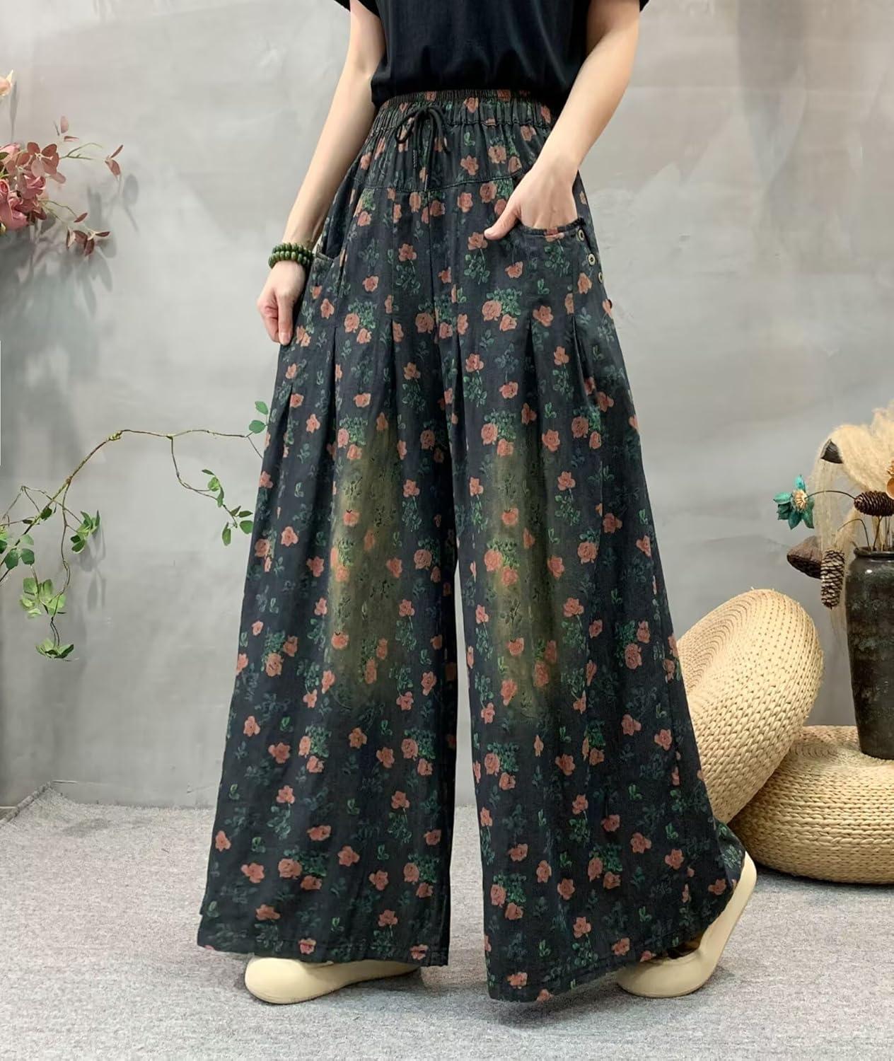 imagechouyatou Womens Floral Wide Leg Denim Pants Adjustable Drawstring Baggy Elastic Waist Culotte JeansBlack