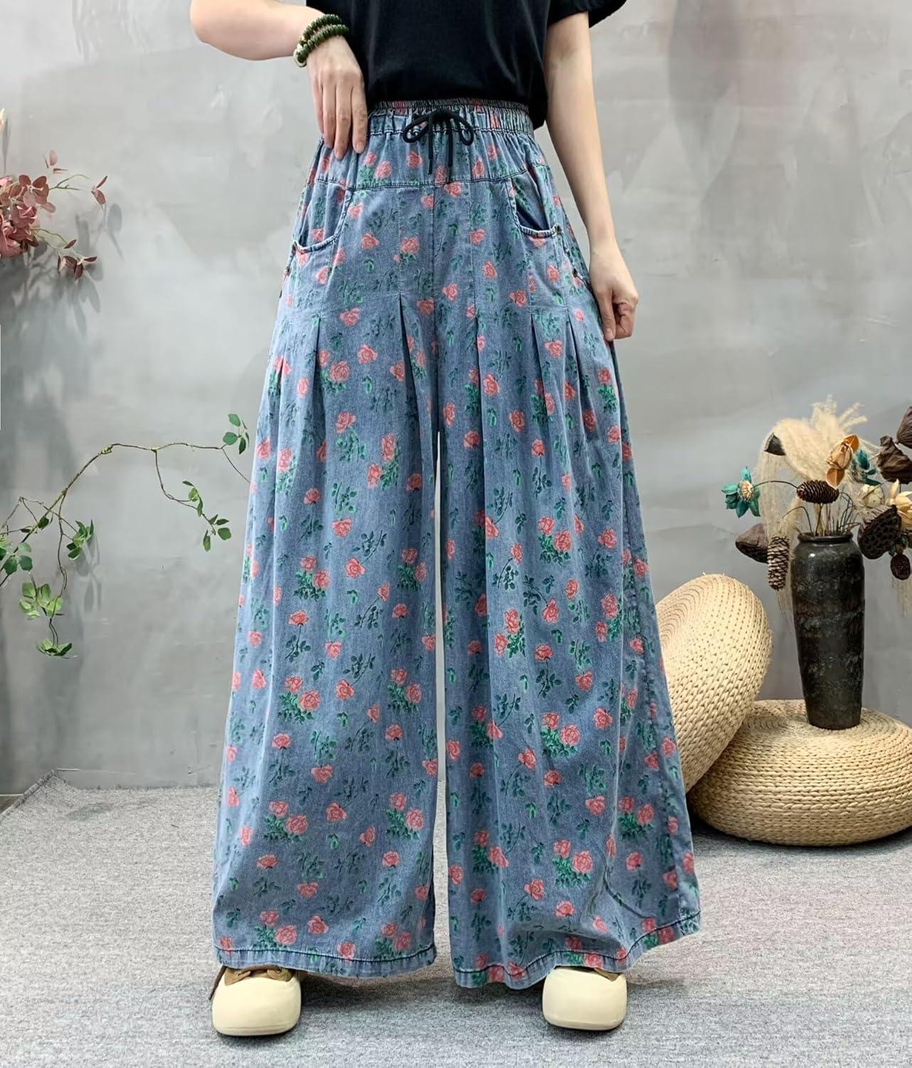 imagechouyatou Womens Floral Wide Leg Denim Pants Adjustable Drawstring Baggy Elastic Waist Culotte JeansBlue