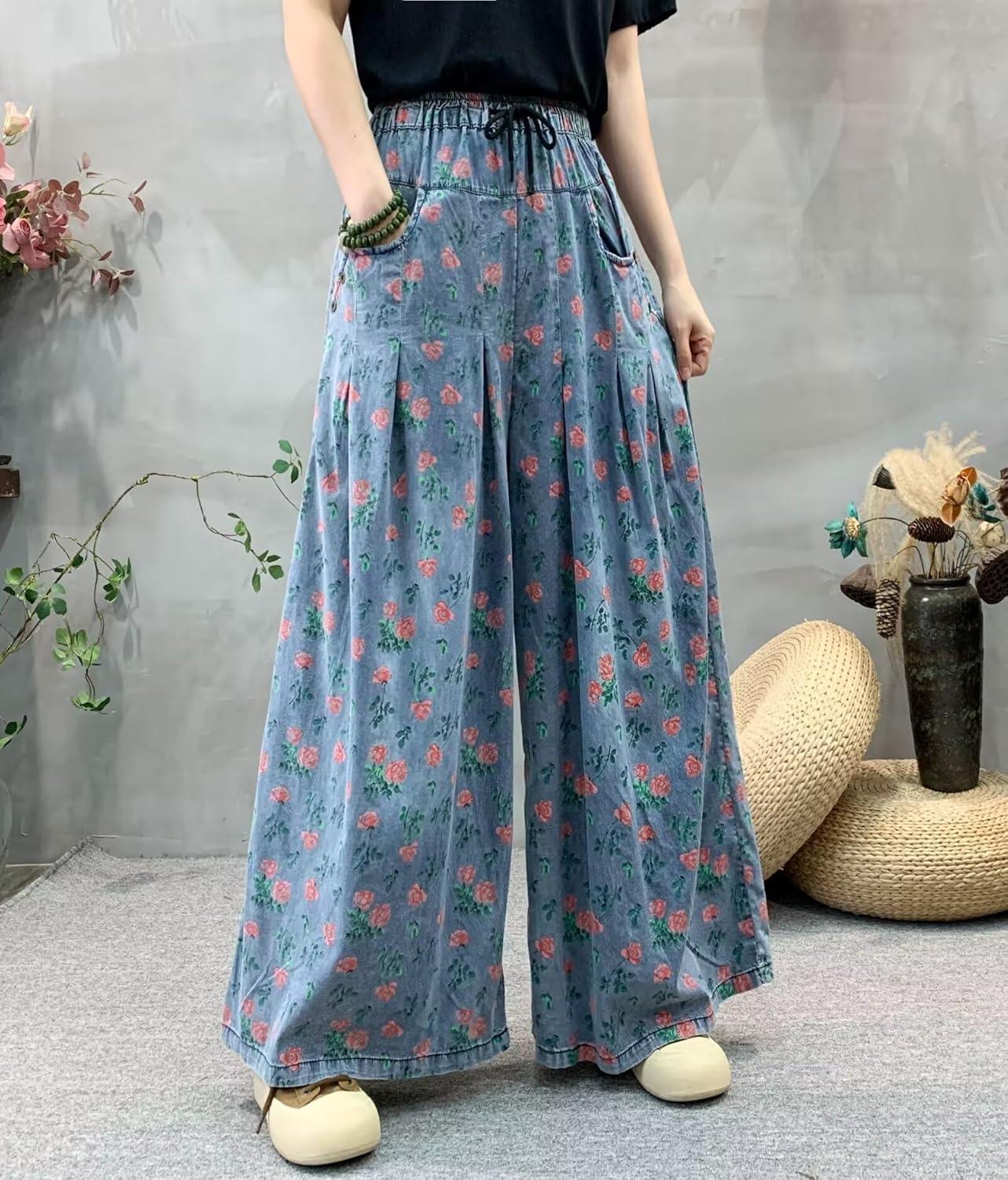 imagechouyatou Womens Floral Wide Leg Denim Pants Adjustable Drawstring Baggy Elastic Waist Culotte JeansBlue