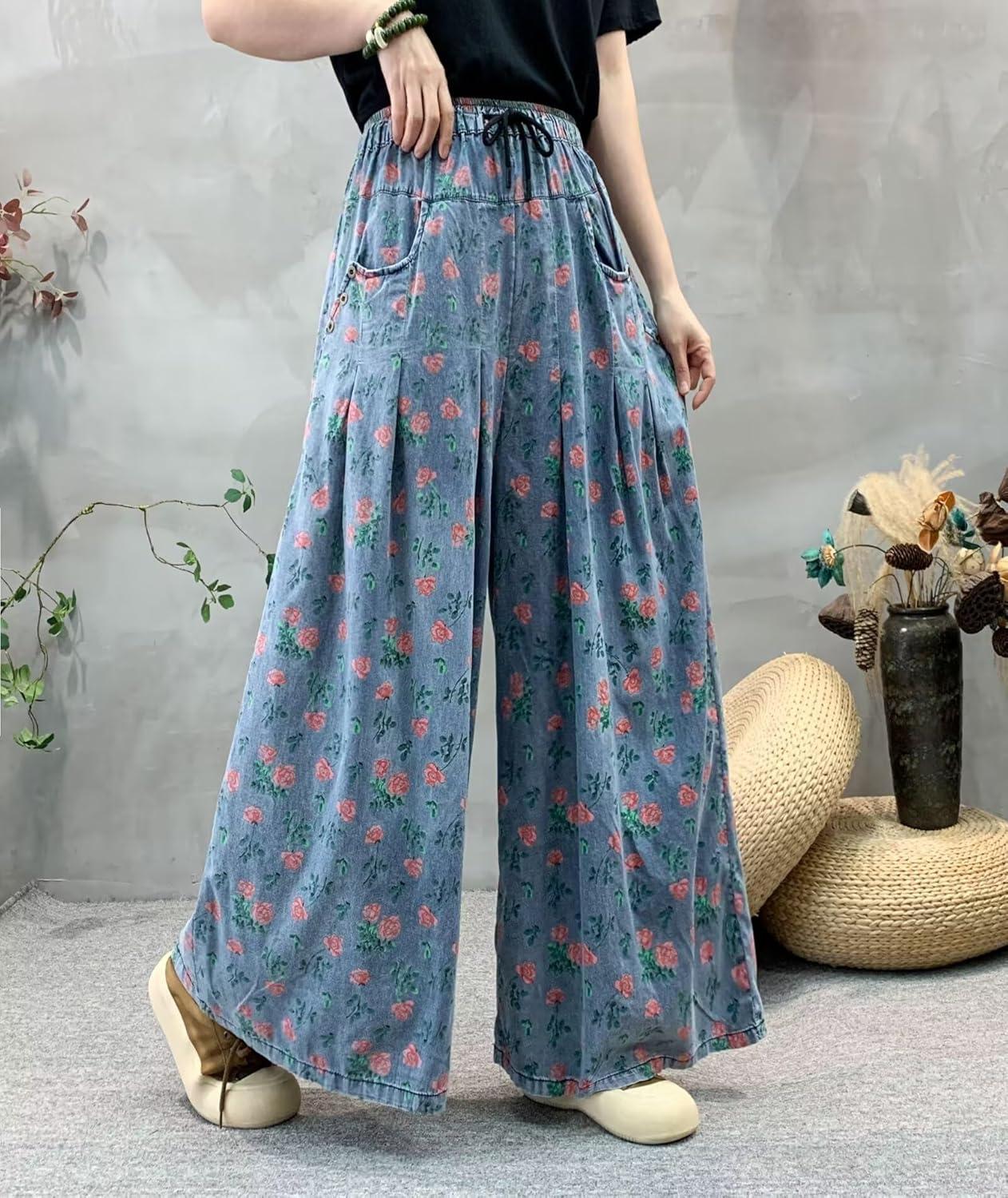imagechouyatou Womens Floral Wide Leg Denim Pants Adjustable Drawstring Baggy Elastic Waist Culotte JeansBlue