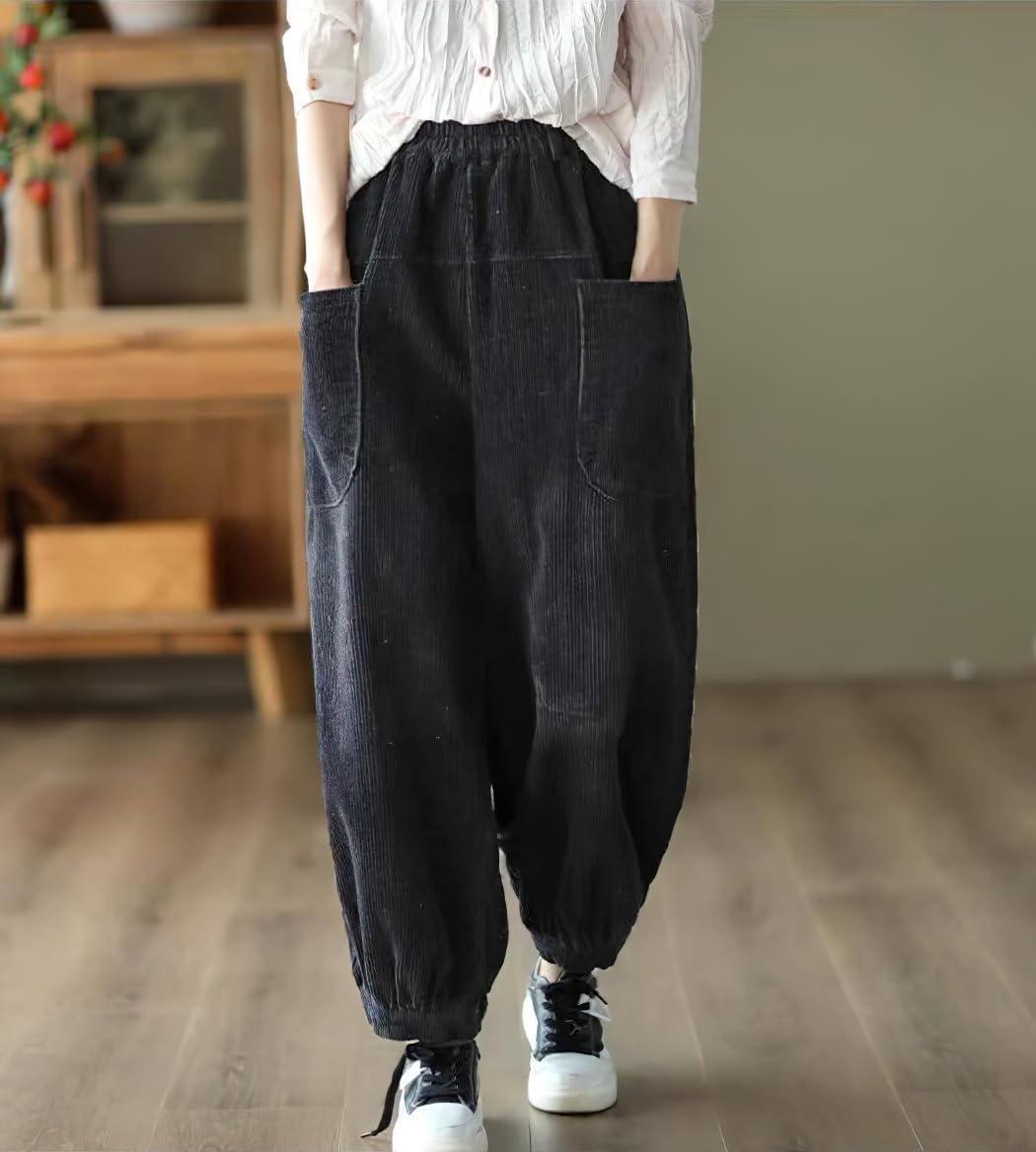 imagechouyatou Womens Harem Loose Corduroy Pants Elastic High Waisted Straight Wide Leg Trouser with PocketsBlack