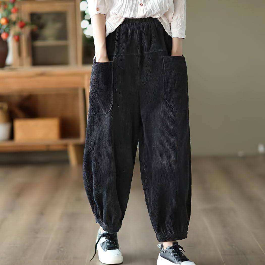 imagechouyatou Womens Harem Loose Corduroy Pants Elastic High Waisted Straight Wide Leg Trouser with PocketsBlack