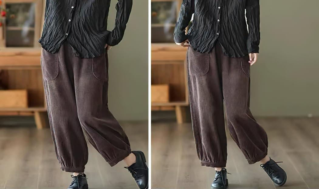 imagechouyatou Womens Harem Loose Corduroy Pants Elastic High Waisted Straight Wide Leg Trouser with PocketsBrown
