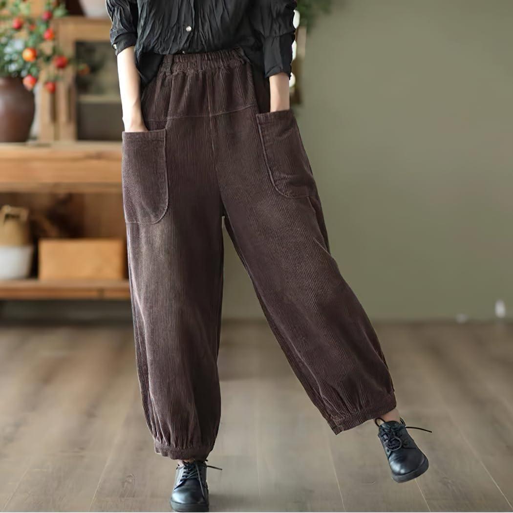 imagechouyatou Womens Harem Loose Corduroy Pants Elastic High Waisted Straight Wide Leg Trouser with PocketsBrown