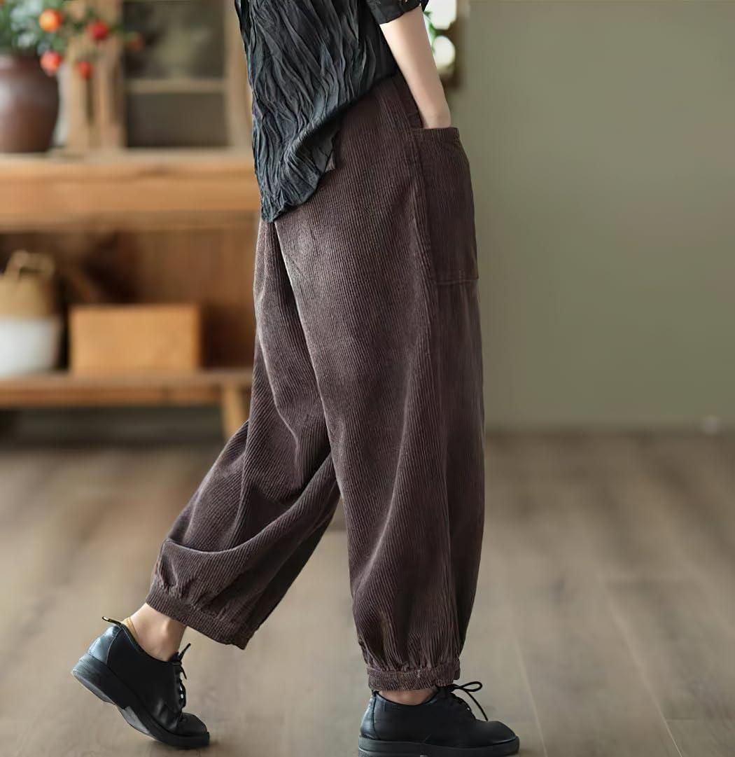 imagechouyatou Womens Harem Loose Corduroy Pants Elastic High Waisted Straight Wide Leg Trouser with PocketsBrown