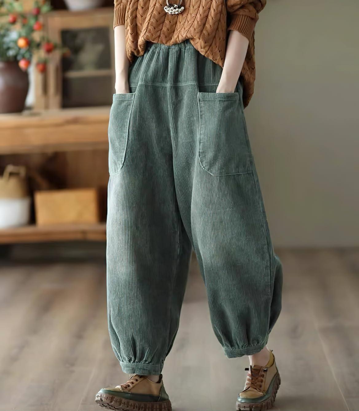 imagechouyatou Womens Harem Loose Corduroy Pants Elastic High Waisted Straight Wide Leg Trouser with PocketsGreen