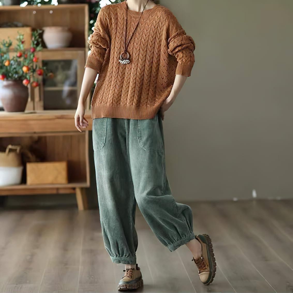 imagechouyatou Womens Harem Loose Corduroy Pants Elastic High Waisted Straight Wide Leg Trouser with PocketsGreen